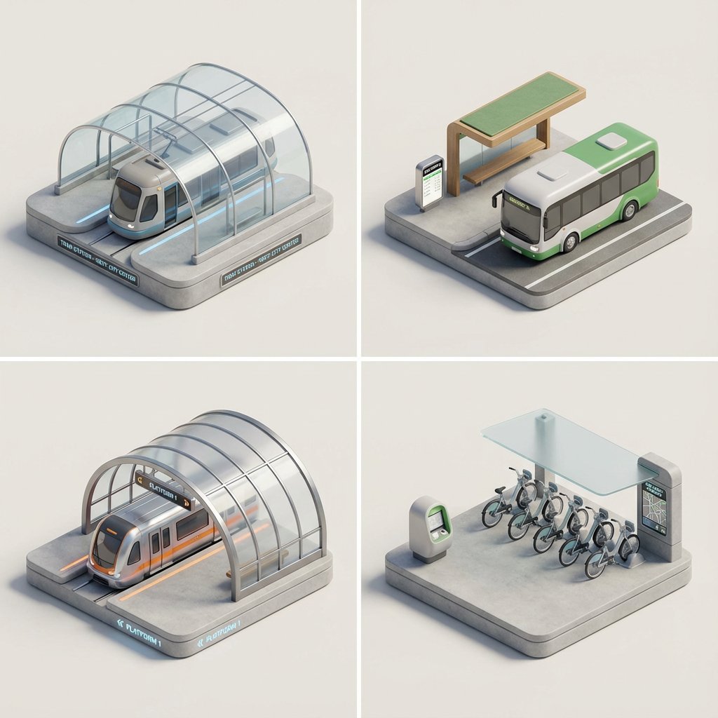 A clean, minimal 3D isometric diorama of a [CITY TRANSPORT...