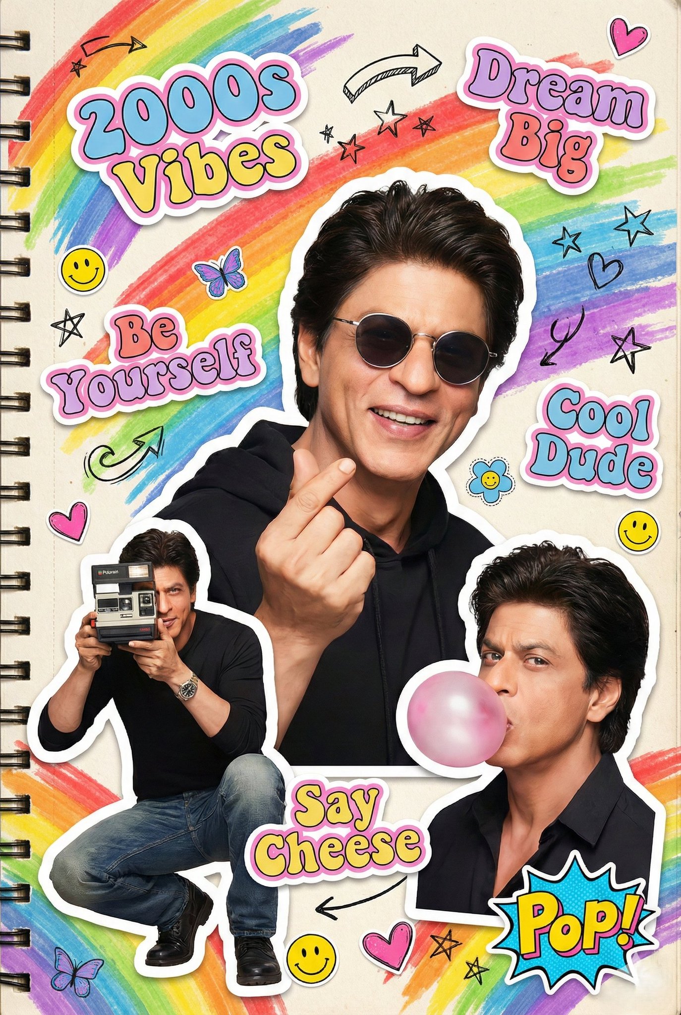 A vibrant 2000s scrapbook-style collage featuring the same...