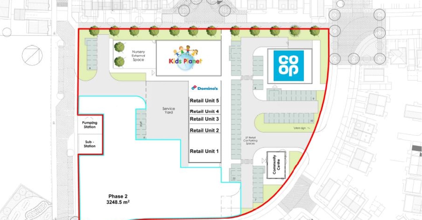 Units available To Let ranging from 772 sq ft to 1,000 sq ft with A1 and A5 use.

The development will provide:-

Convenience Store - Co-op open and trading

6 Retail Units - Dominos, Vets and Takeaway open and trading

Children's Nursery - Under Off...