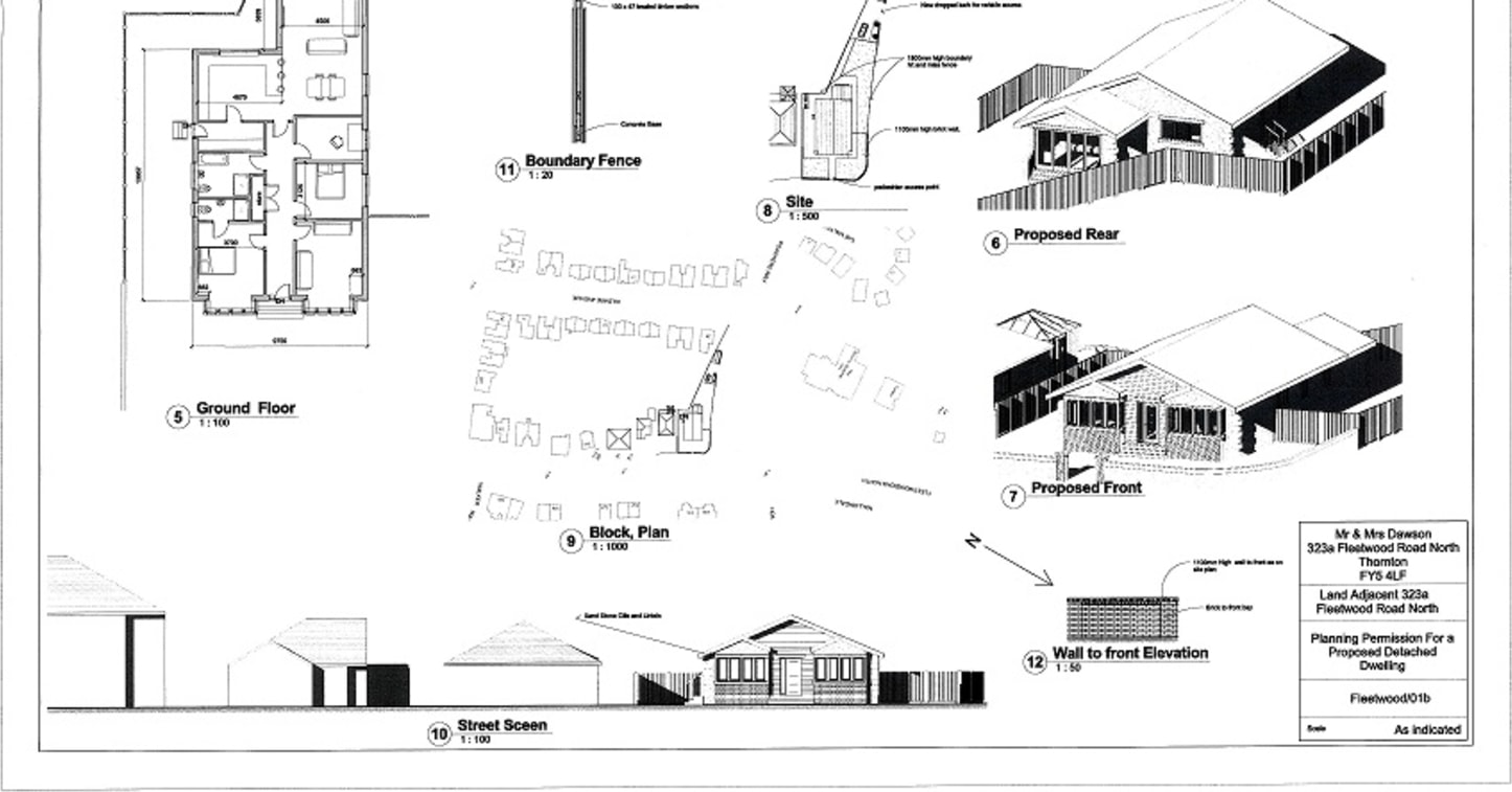 Plot of land located on the corner of Fleetwood Road North and Poachers Way at Thornton Cleveleys. Planning permission passed in November 2017 for a 3/4 bedroom bungalow and garage. Existing site is a mainly lawned area approximately 600 sqm....