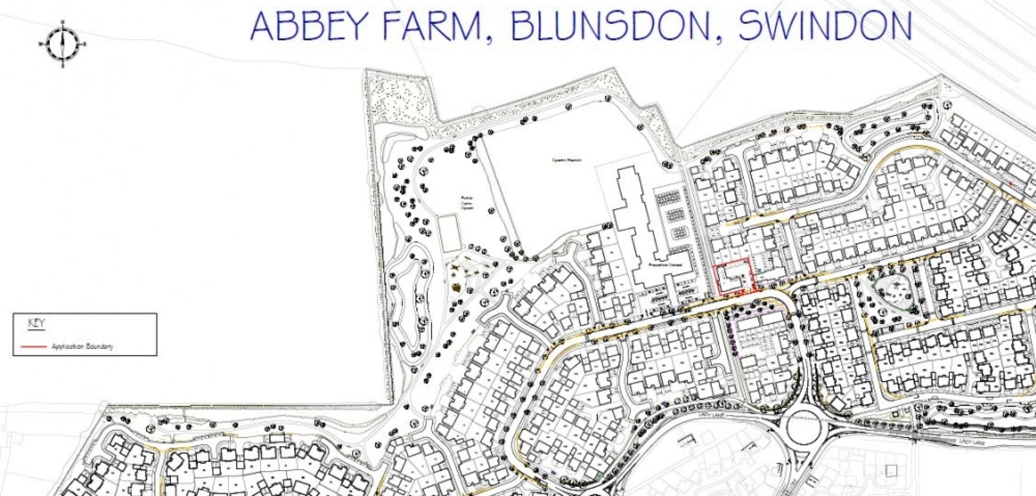 Abbey Farm is a new joint principally residential development by Redrow and Linden Homes which is nearing completion and situated to the north of Swindon. The principal access is either via Tadpole Lane to the West or by Lady Lane from the A419.