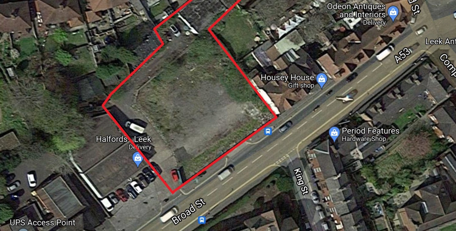 The site lies within the development boundary of Leek and is a short distance to the south-west of the town centre and lies to the north side of Broad Street, A53 main road which leads into the town centre. It is a vacant brownfield site which was fo...