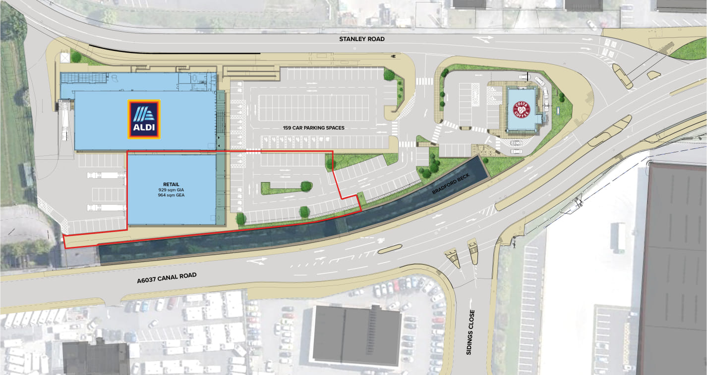 A new retail unit adjacent to Aldi and Costa Coffee as per the indicative scheme layout drawing overleaf.