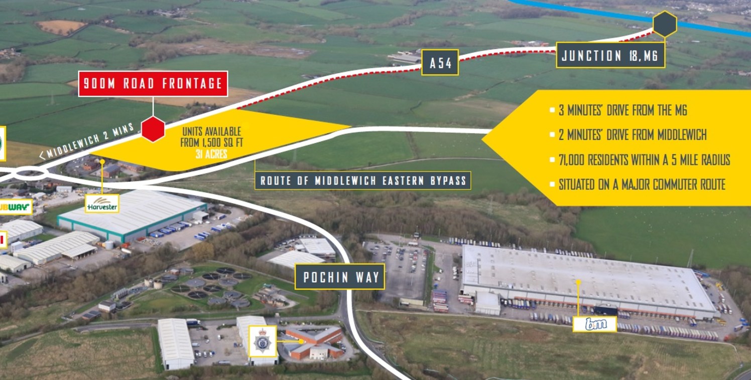 Roadside development opportunity where detailed consent has been secured for Use classes A, B and D. 

Units are available from 1,500 sq ft.

Plots are also available.

The site includes a new access road which will act as a direct link to the new Mi...