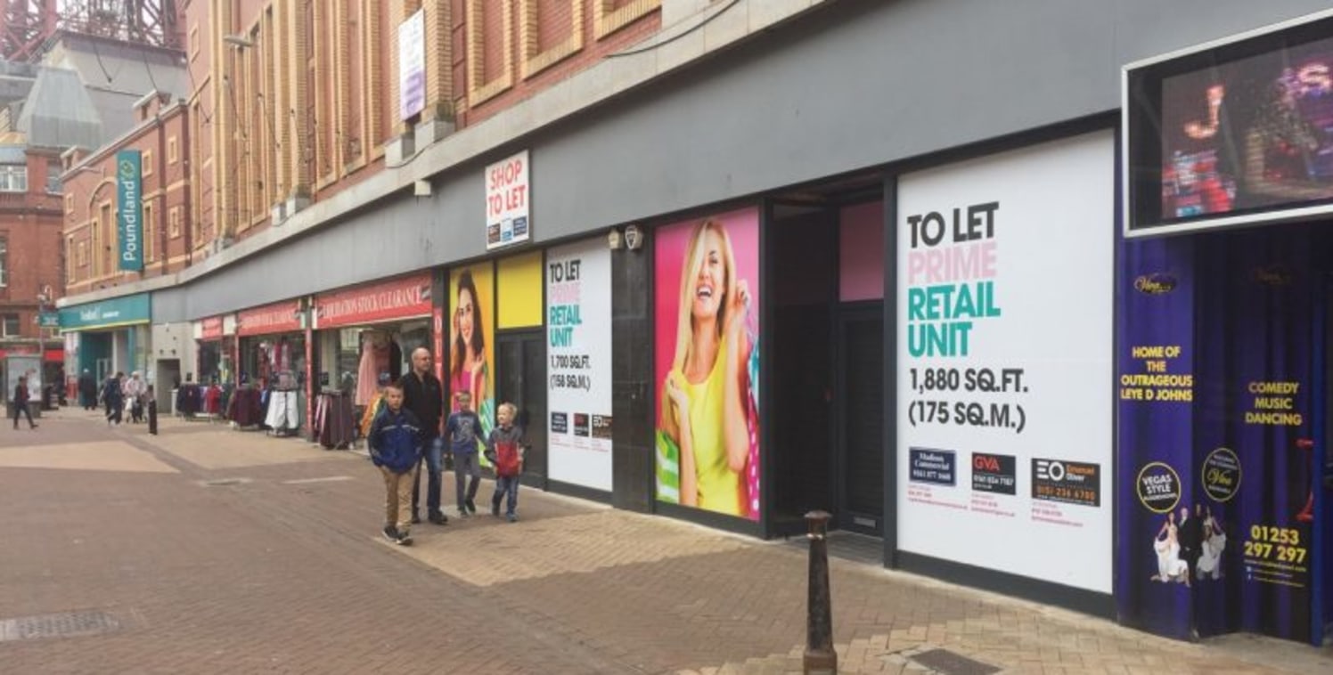 Description\n\nIndividual units available from 1400 sq ft or combined in various formats to provide up to 8000 sq ft.\n\nBank Hey street is one of Blackpool’s prime retailing Streets and busiest thoroughfares in the Town....