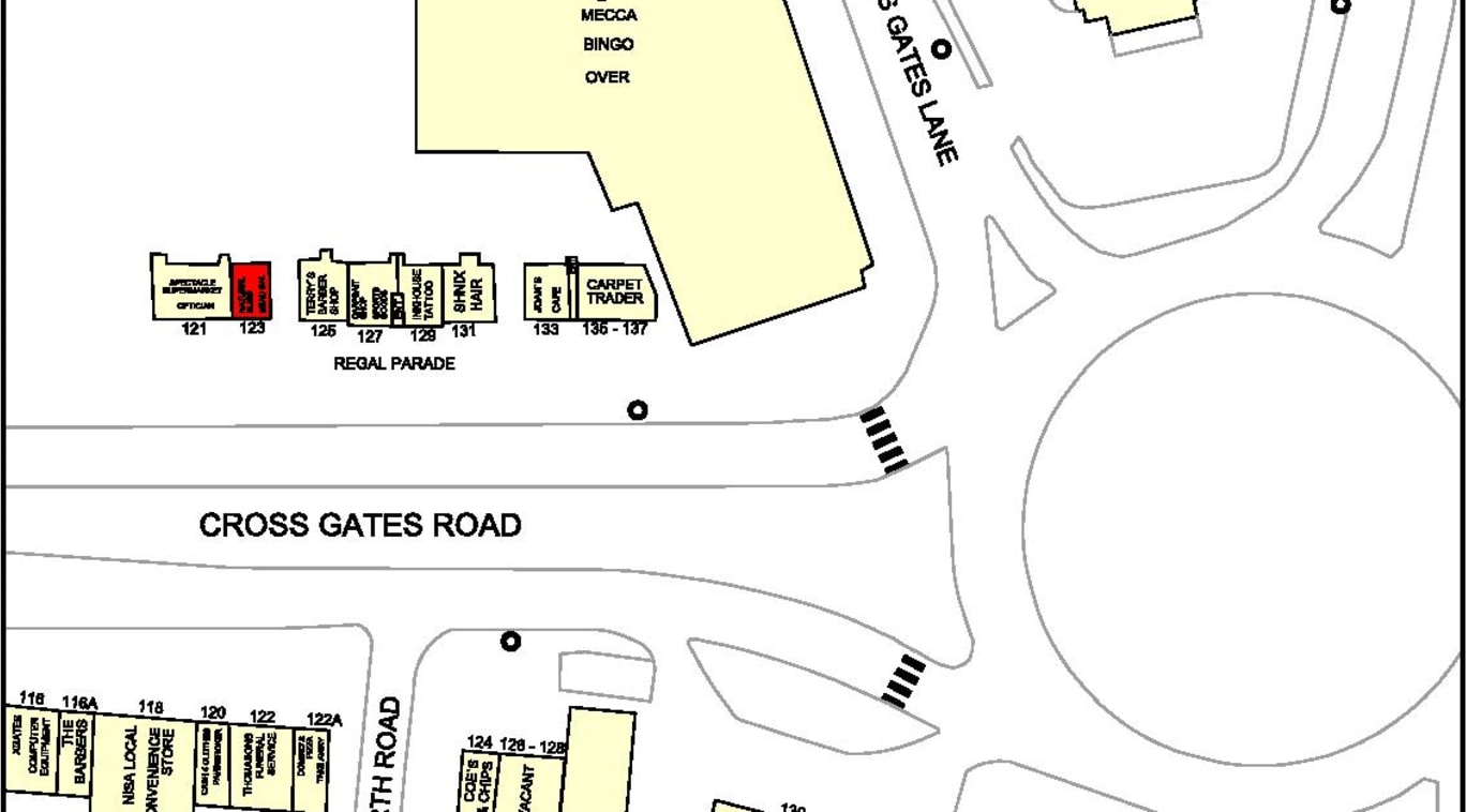 The property comprises a ground floor retail unit within a large retail block fronting Crossgates Road. Internally to the front there is a small sales area with w/c to the rear. Outside directly in front of the property there is shared forecourt park...