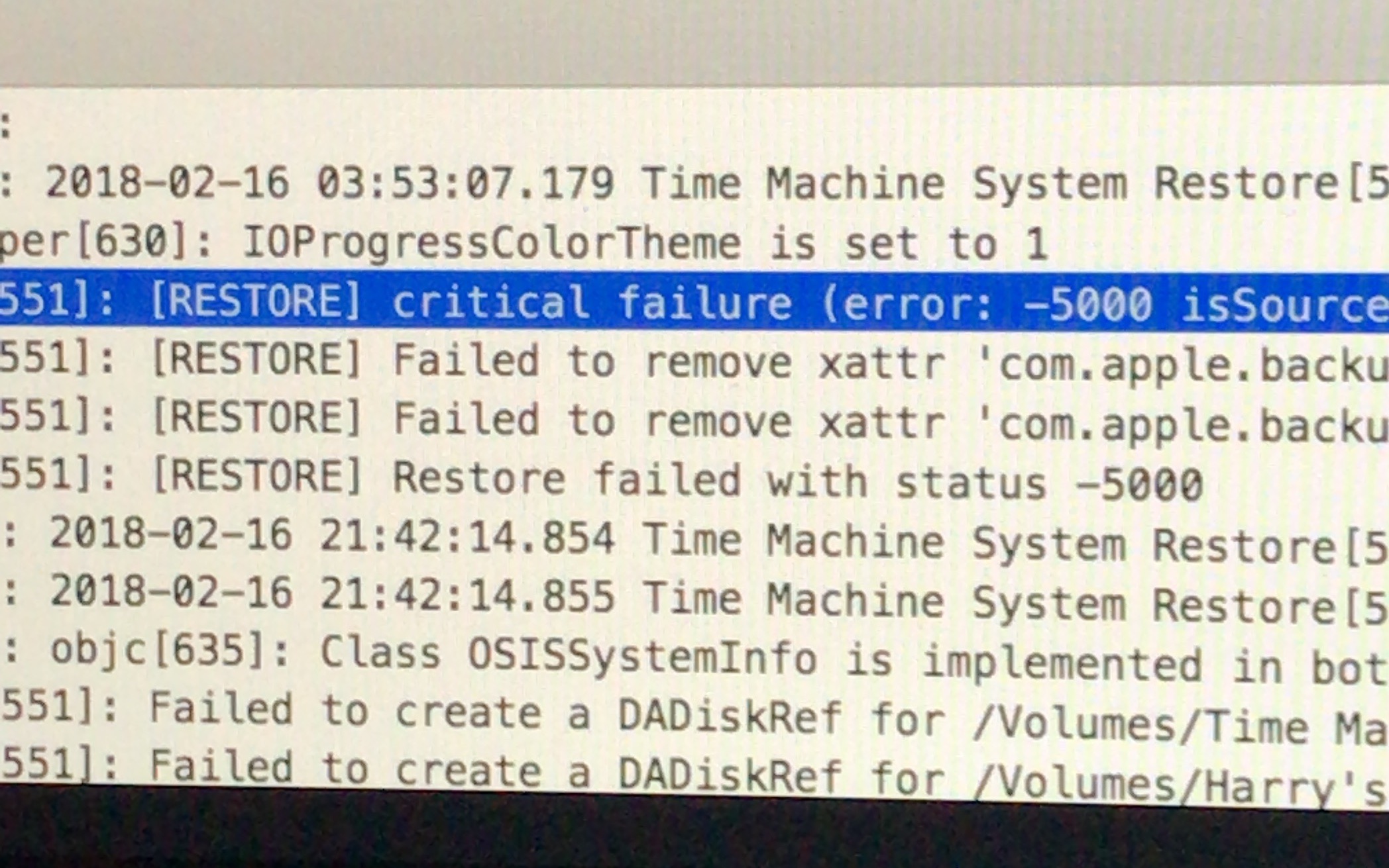 Solution for Time Machine ‘error while restoring from the backup