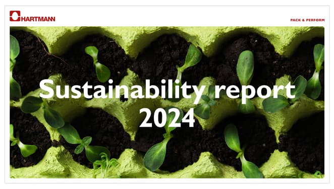 Cover of Hartmann’s Sustainability Report 2024 with seedlings growing in a green egg carton.