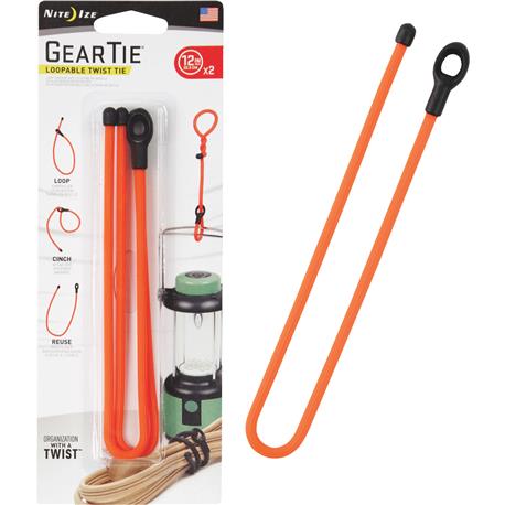 Nite Ize Gear Tie 2-Pack Loopable Reusable 12" Rubber Twist Tie, Bright Orange