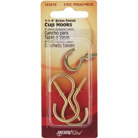 Hillman Anchor Wire Brass Large Cup Hooks, 1-1/4 in., 3-Count