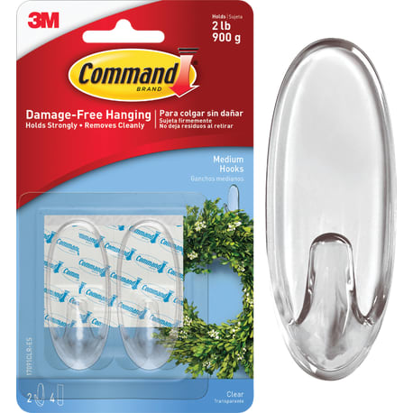 3M Command Medium Clear Adhesive Hook, 2-Pack