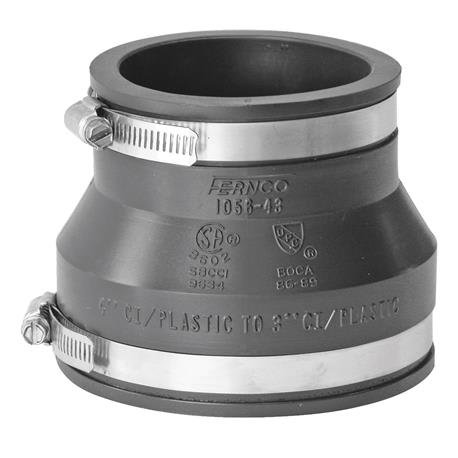 Fernco Clay to Cast Iron or Plastic Flexible PVC Coupling, 4 In. x 3 In.