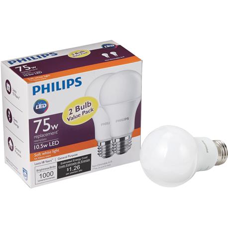 Philips A19 LED 75W Equivalent Soft White Light Bulb, 2-Pack