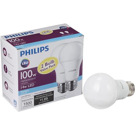 Philips A19 LED 100W Equivalent Daylight Light Bulb, 2-Pack