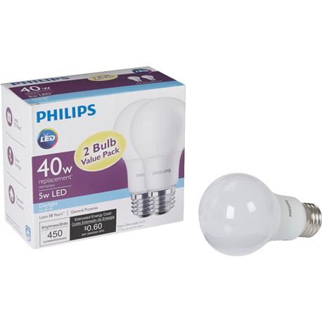 Philips A19 LED 40W Equivalent Daylight Light Bulb, 2-Pack