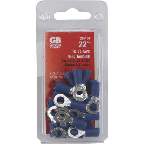 Gardner Bender 16 to 14 AWG #8 to #10 Vinyl-Insulated Barrel Ring Terminal, 22-Pack