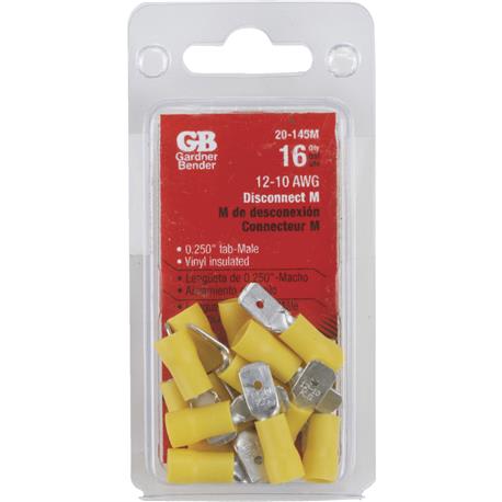 Gardner Bender 22 to 16 AWG Yellow Vinyl-Insulated Barrel Male Disconnect, 16-Pack