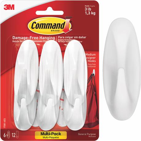 3M Command Medium Utility Designer Adhesive Hook, 6-Pack