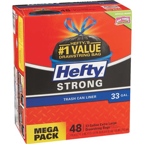 Hefty Strong Trash Bags, Trash Can Liner, Drawstring, Extra Large, 33 Gallon, Strong, Mega Pack - 48 bags