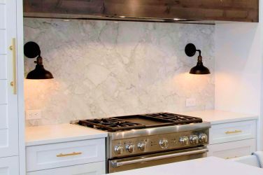 Full Height Backsplash - White Marble and Cabinets