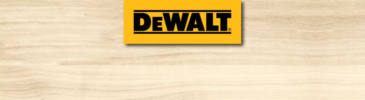 DEWALT logo on a wood textured background