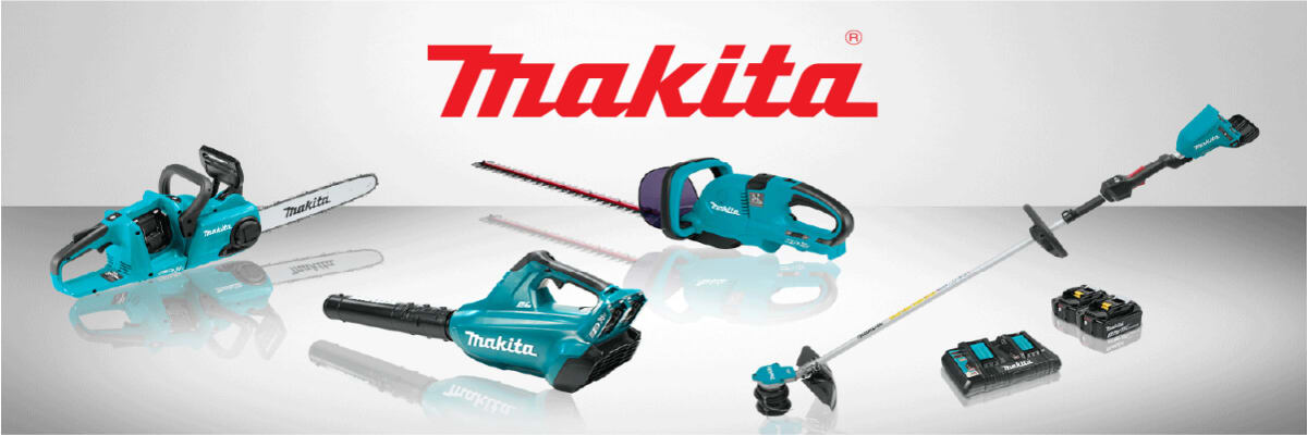 An array of Makita LXG tools, including a chainsaw, leaf blower, hedge & shrub trimmer, and weed eater with battery & charger.