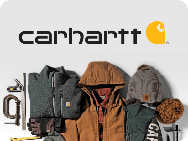 Carhartt logo with carhartt jackets, hats, and other gear.