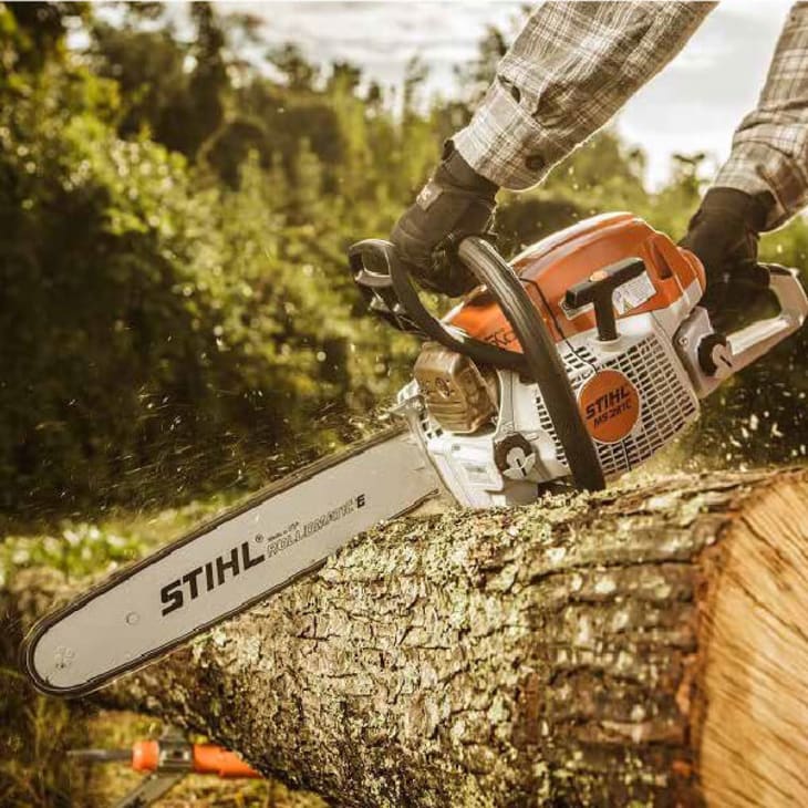 Outdoor Power: A worker in work gloves uses a heavy-duty STIHL chainsaw to cut through a felled tree trunk. 