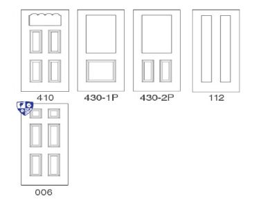 ProVia Heritage entry door styles 410, 430-1P, 430-2P, 112, and 006 in black & white.