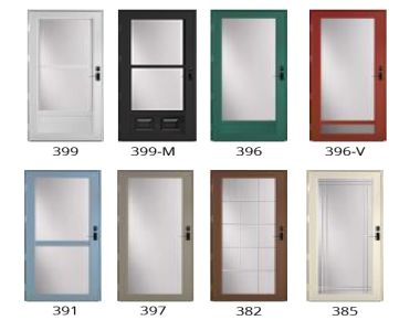 ProVia Deluxe storm door styles 399 & 385 in white, 399-M in black, 396 in green, 396-V in red, 391 in blue & 397 & 382 in brown.