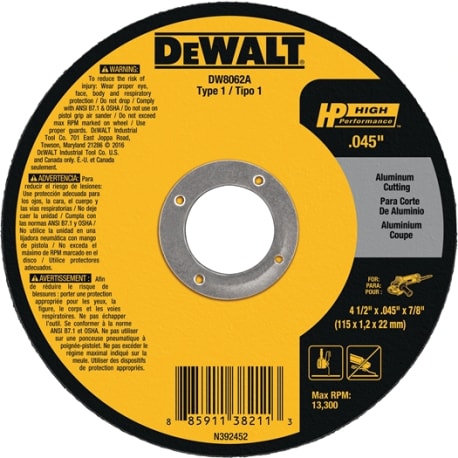 DEWALT Type 1 High Performance Aluminum Cutting Wheels, 4-1/2 x 7/8 in.