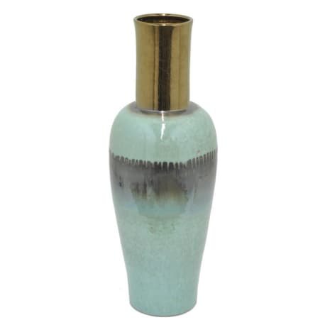 Three Hands Blue Glazed Ceramic Vase with Gold Collar, 12 in.