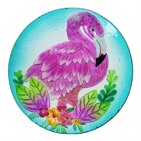 Evergreen Hand Painted Flamingo Embossed Glass Birdbath, 18 in.