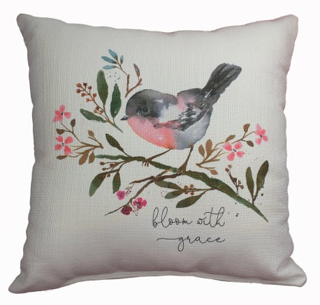 Little Birdie "Bloom with Grace" Square Decorative Pillow with Bird & Flowers