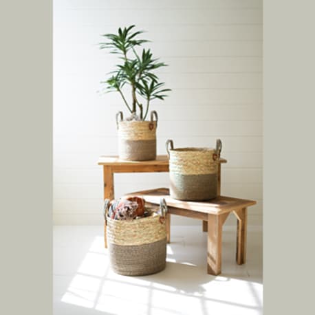 Kalalou Large Woven Round Seagrass Basket with Brown Base & Handles, 14 in.