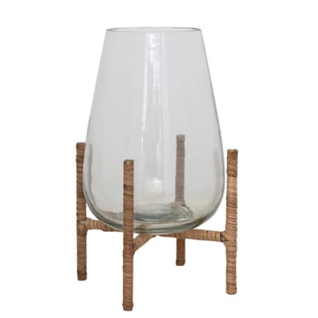 Bloomingville Glass Vase with Rattan Wrapped Metal Stand, 7.75 in.