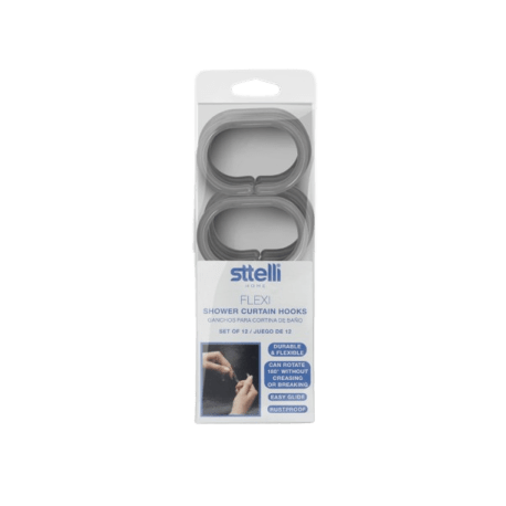 Sttelli Gray Flexi Shower Curtain Hooks, 12 Pack