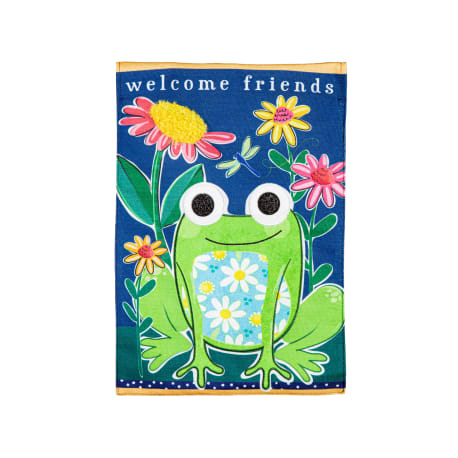 Evergreen Welcome Friends Frog Burlap Flag