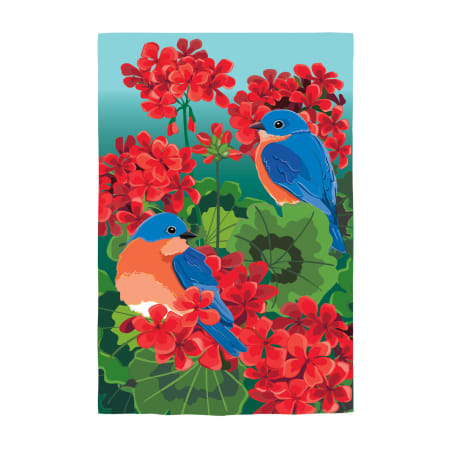 Evergreen Bluebird & Red Geraniums Flag