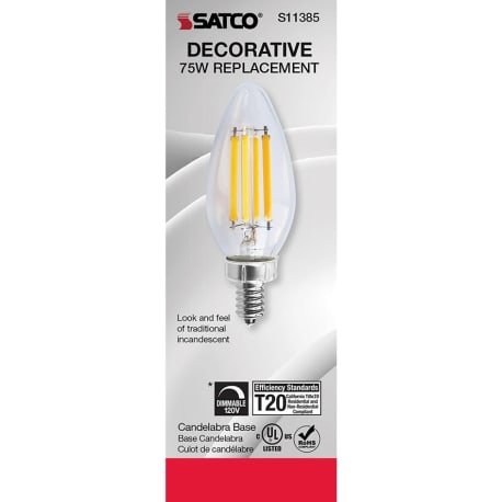 Satco 8 Watt C11 LED Clear Soft White Candelabra Light Bulb