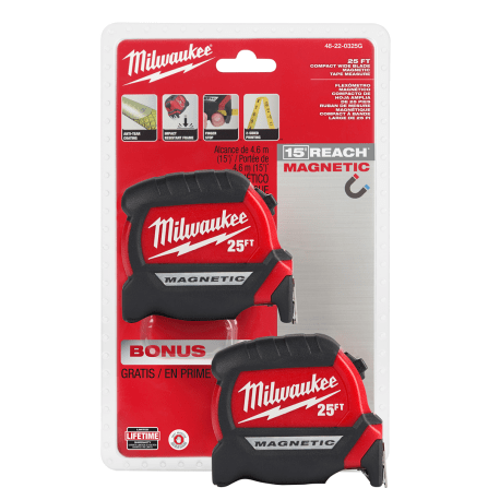 Milwaukee 25ft Wide Blade Magnetic Tape Measure, 2PK