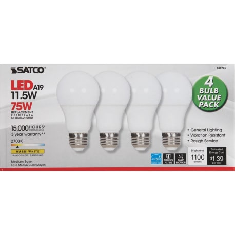 Satco 11.5 Watt A19 LED 2700K, 4-Pack