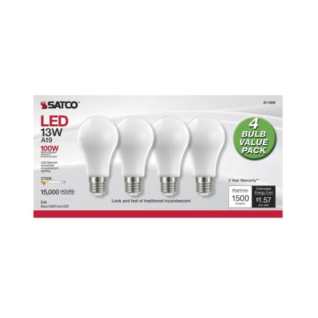 Satco 13 Watt A19 LED Warm White Frosted Light Bulb, 4-Pack