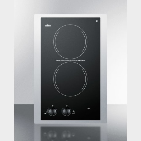 Summit 230V European two-burner radiant cooktop in black glass with stainless steel frame to allow installation in 15' wide   counter cutouts