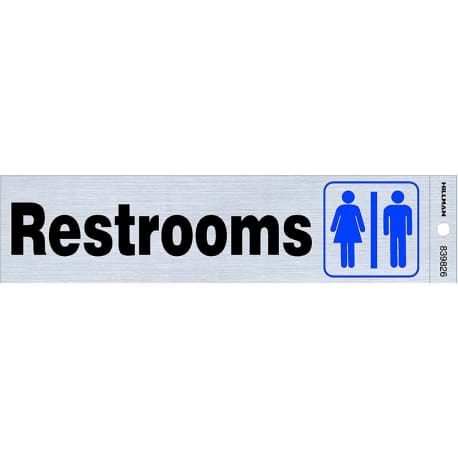 Hillman Black & Blue Nickel Mylar Self-Adhesive Restrooms Sign, 2 x 8 in.