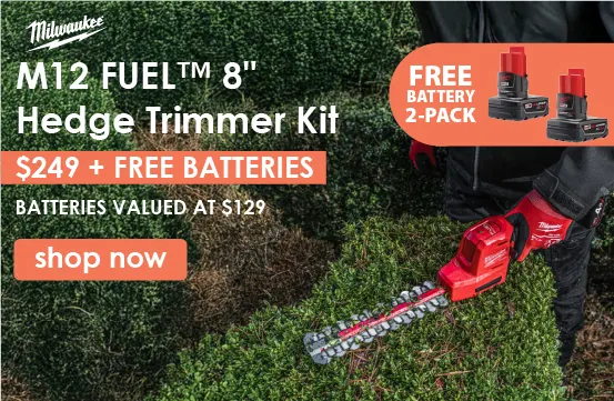 Search result page for Milwaukee hedge trimmer kit on sale.