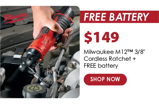 Search result page for Milwaukee ratchet + free battery.