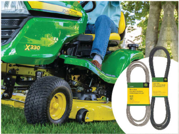 A John Deere mower cutting grass with an overlay image of two John Deere belts.