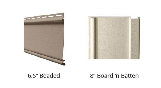 Side view of Cedar Peaks 6.5" beaded siding sample next to Cedar Peaks 8" board and batten siding sample.