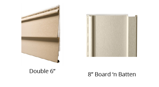 Side view of CedarMAX® double 6" siding sample next to CedarMAX® 8" board and batten siding sample.